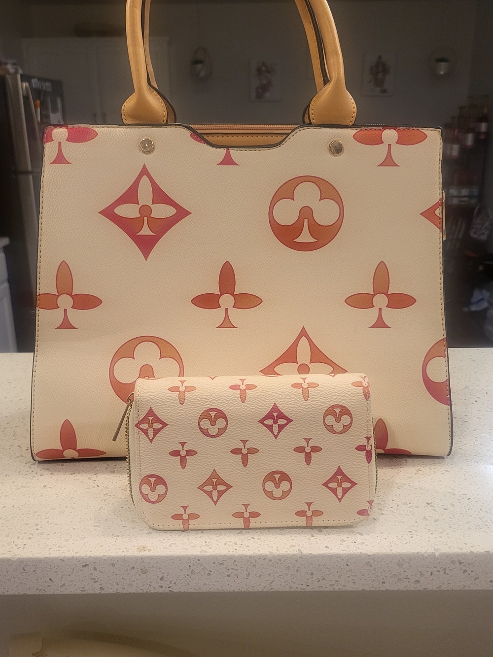 Cream and Pink Designer Logo Tote and Wallet Set